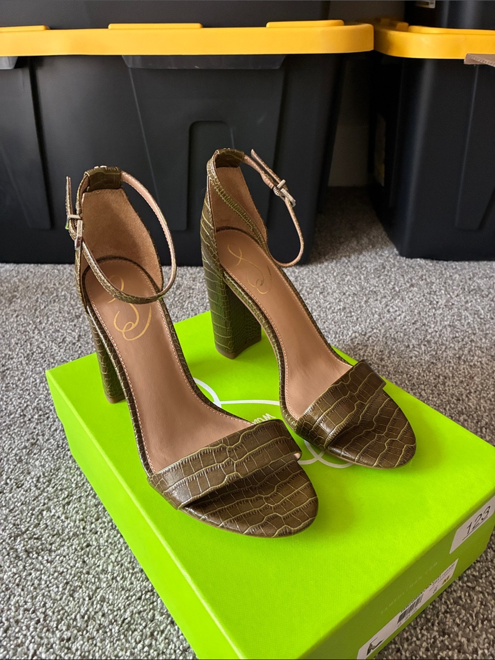 Sam Edelman Olive Croc-Embossed Ankle-Strap Block Heels